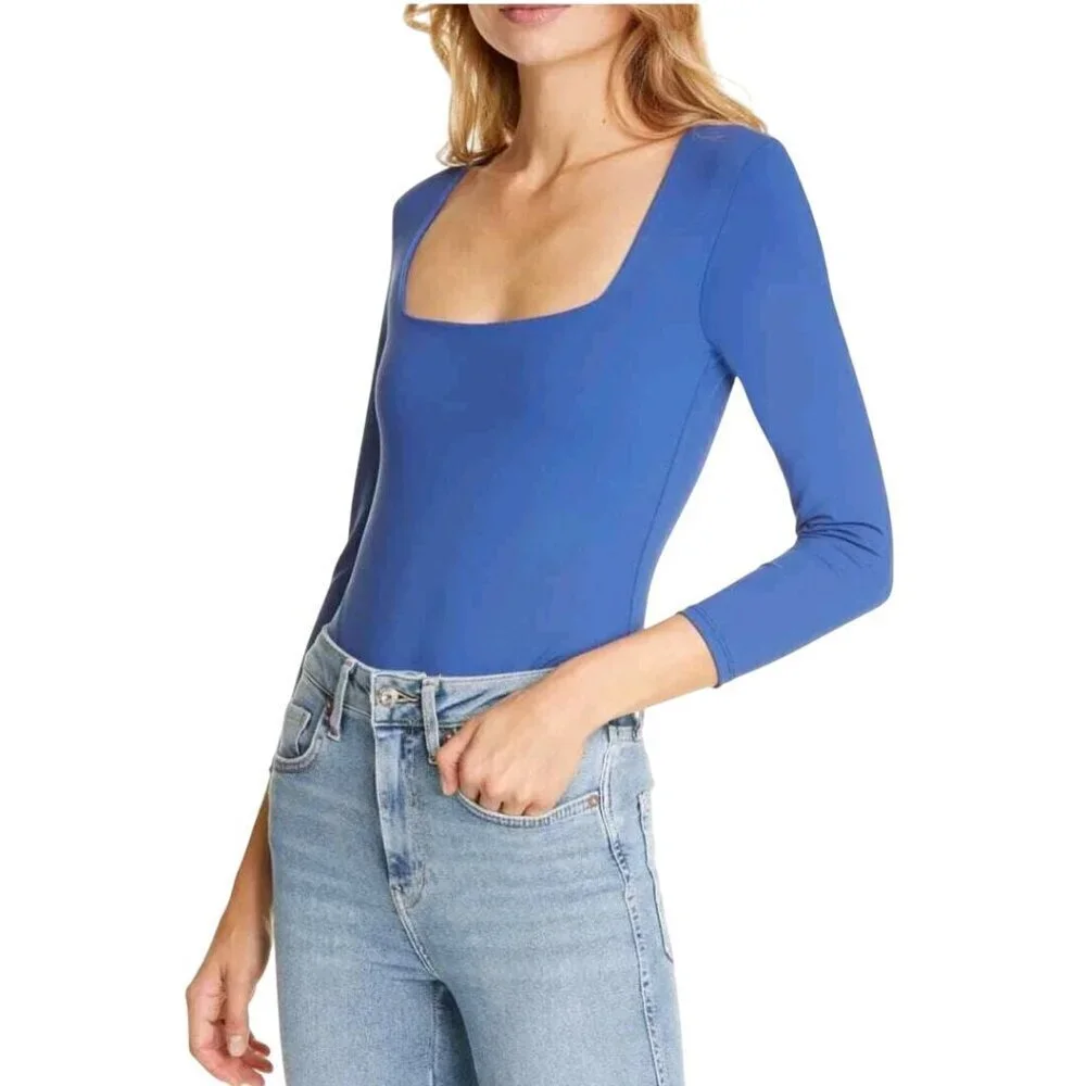 Free People Intimately Free Truth Or Square Long Sleeve Bodysuit Blue Size S
